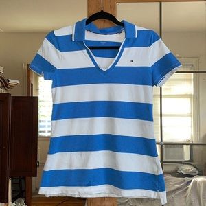 Tommy Hilfiger Blue and White Striped V-Neck Polo Shirt